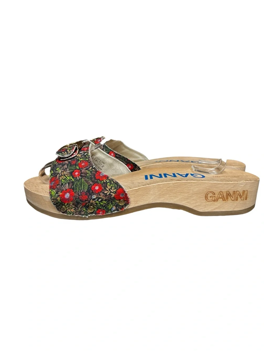 🌻NEW GANNI x Dr. Scholl’s Red Floral Buckle Wooden Clog Slide Sandals Size 10 - Picture 6 of 10
